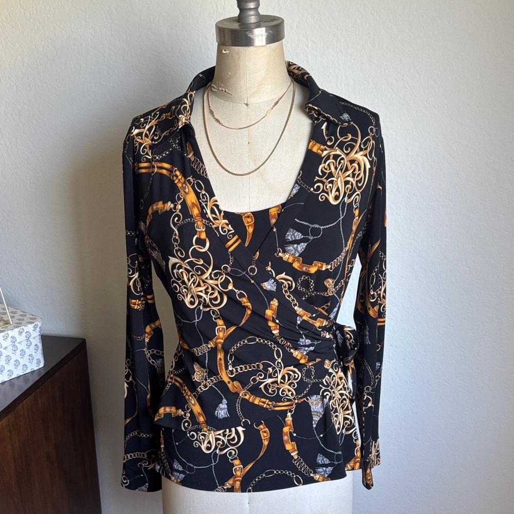 Cache Black Long-Sleeve Chain-Print Wrap Top